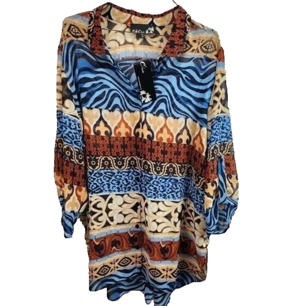 CSC Studio Womens Top Size 1X Blue Orange Abstract Art Button Up 3/4 Sleeve